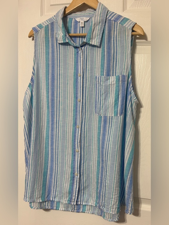 Time and Tru Tops - Time And Tru Women’s Beachy Blue Stripe Linen Top Button Up Sleeveless Sz XXL-20